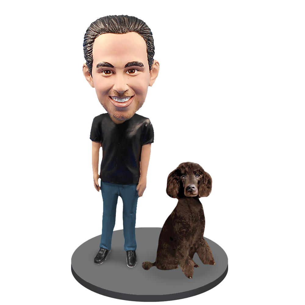 Custom Male with Custom Pet Dog Bobblehead - Poodle Brown